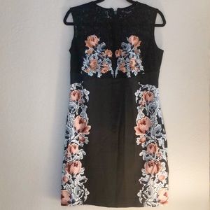 GUESS Black Floral Print and Lace Dress